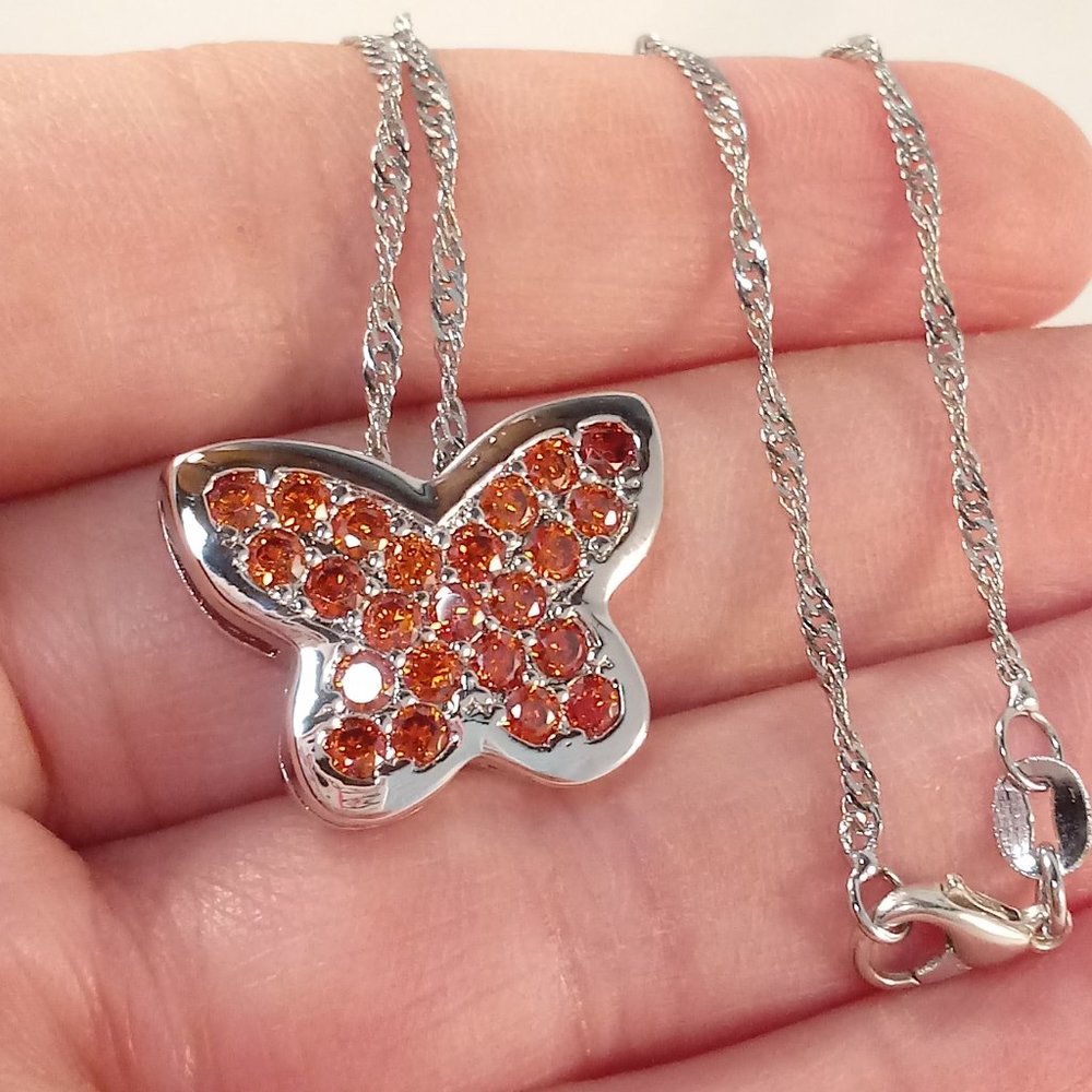 18K White Gold Filled Butterfly Garnet Diamond Zircon Pendant Necklace 19" 925S